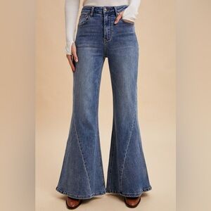 Dark wash comfort stitch panel western vintage wide leg flare bohemian jeans